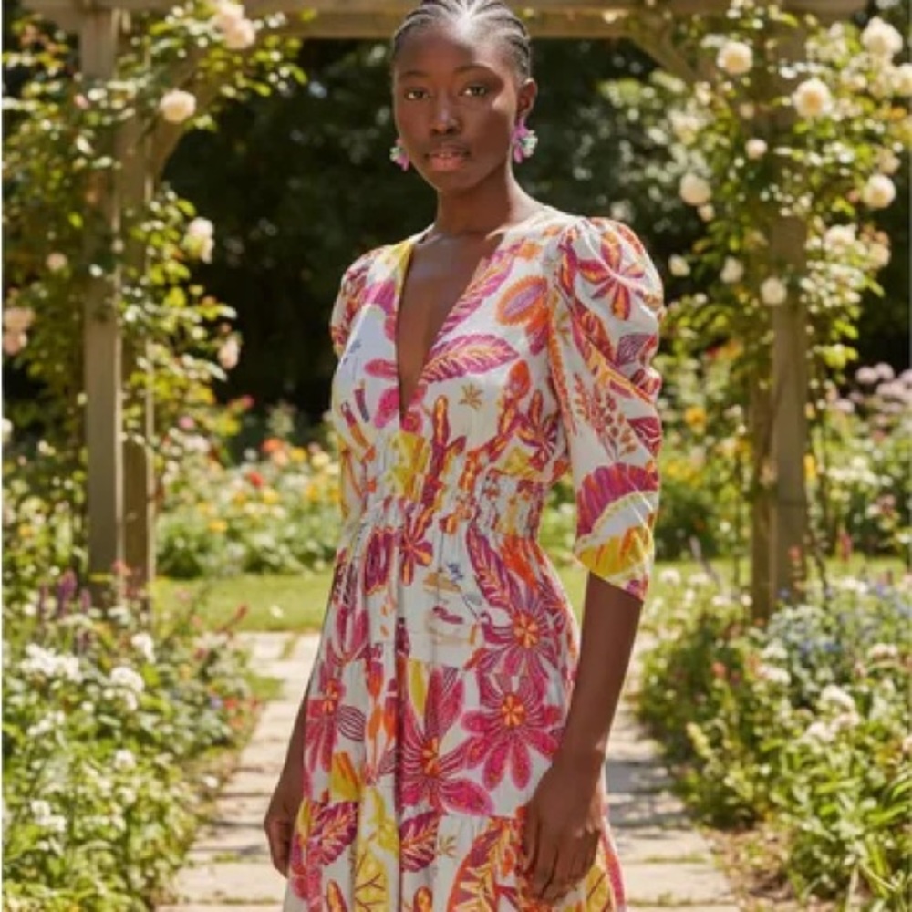 Farm Rio Floral V-Neck Puff Sleeve Mini Dress